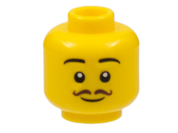 Minifigure, Head Black Eyebrows, Dark Brown Thin Curly Moustache, Grin Pattern