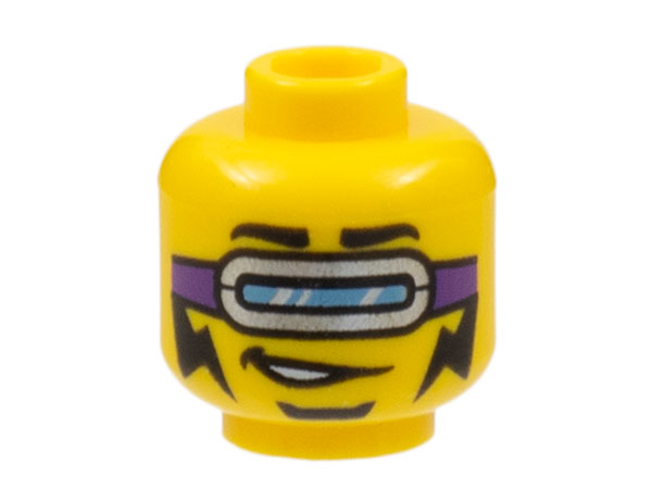 Minifigure, Head Black Eyebrows, Silver Goggles with Dark Purple Strap, Black Soul Patch Beard and Lightning Tattoos on Cheeks Pattern