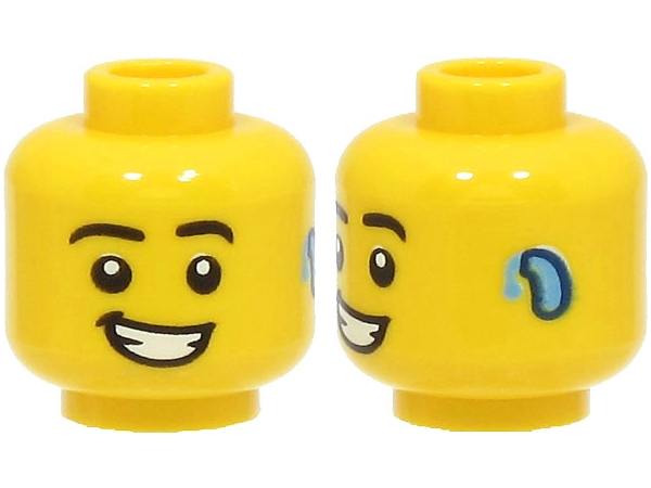 Minifigure, Head Black Eyebrows, Bright Light Blue Hearing Aid on Left, Lopsided Open Mouth Smile with Teeth Pattern