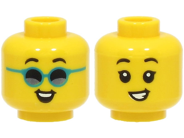 Minifigure, Head Dual Sided Child, Black Eyebrows, Open Mouth Smile with Teeth, with / without Dark Turquoise Glasses Pattern