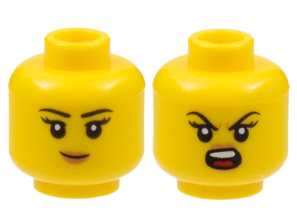Minifigure, Head Dual Sided Female, Black Eyebrows, Peach Nougat Lips, Grin / Roaring Pattern