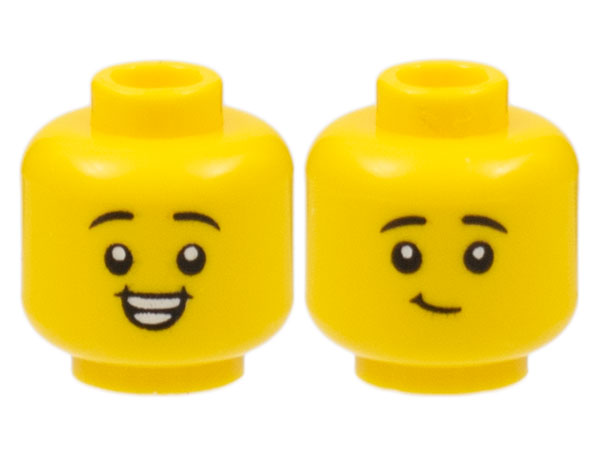 Minifigure, Head Dual Sided Child, Black Eyebrows, Smile with Teeth / Lopsided Grin Pattern
