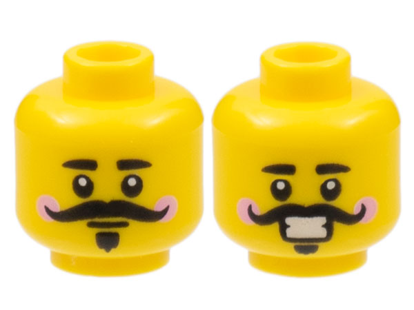 Minifigure, Head Dual Sided Black Eyebrows, Curly Moustache, Van Dyke Beard, Bright Pink Cheeks, Neutral / Smile with Teeth Pattern