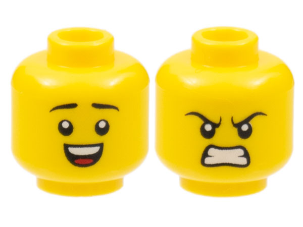 Minifigure, Head Dual Sided Black Eyebrows, Smile with Teeth and Tongue / Scowl Pattern
