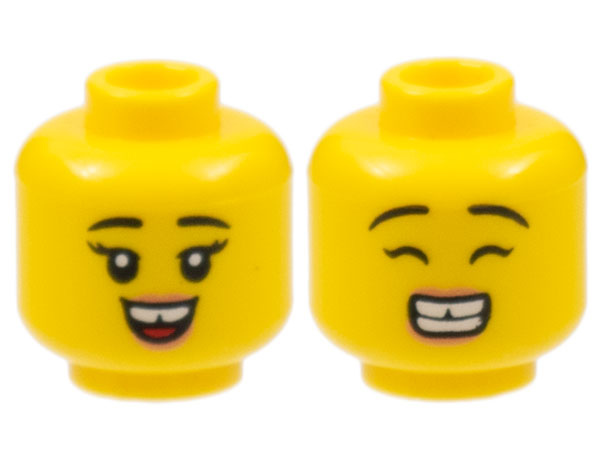 Minifigure, Head Dual Sided Female, Black Eyebrows, Gap in Teeth, Smile with Tongue / Wide Grin with Teeth and Closed Eyes Pattern