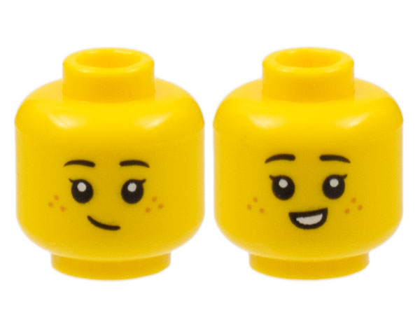 Minifigure, Head Dual Sided Child Female Black Eyebrows, Medium Nougat Freckles, Lopside Grin / Small Smile with Teeth Pattern