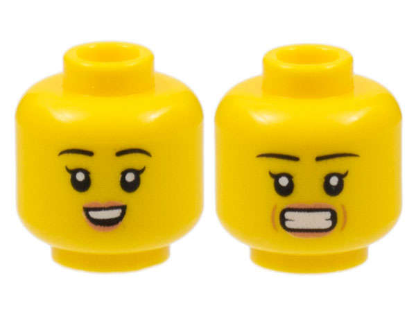 Minifigure, Head Dual Sided Female, Black Eyebrows, Peach Lips, Small Smile with Teeth / Stressed Pattern