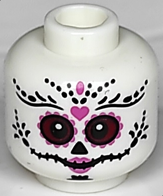 Minifigure, Head Alien Female La Catrina with Black Eyebrows, Triangular Nose, Stitched Mouth, Dark Red Eyes, Dark Pink Lips and Heart Pattern (BAM)