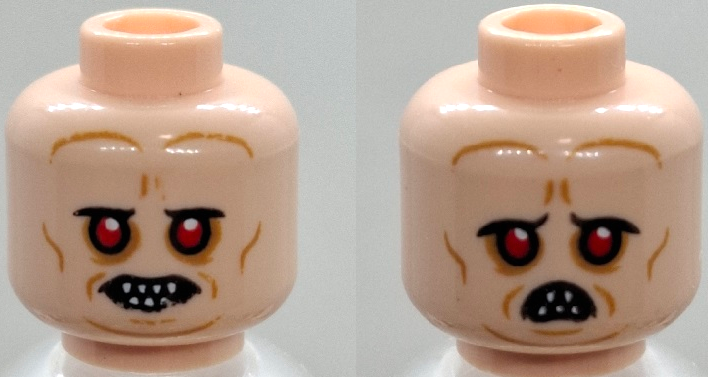 Minifigure, Head Dual Sided Alien with Red Eyes, Bared Pointed Teeth, Medium Nougat Wrinkles, Neutral / Frown with Narrow Open Mouth Pattern