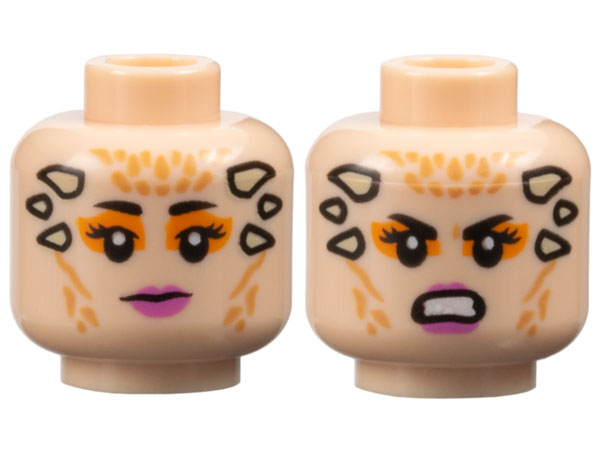 Minifigure, Head Dual Sided Female Dark Pink Lips, Dark Orange Eye Shadow, Tan Horns, Neutral / Grimace Pattern (SW Theelin Dancer)