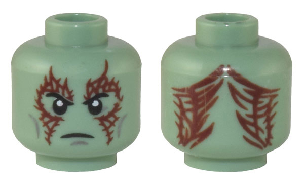 Minifigure, Head Alien Black Eyebrows, Dark Bluish Gray Cheek Lines, Dark Red Skin Texture / Tattoos on Front and Back Pattern