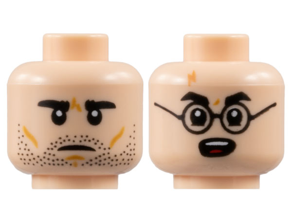Minifigure, Head Dual Sided Black Eyebrows, Neutral with Stubble / Surprised with Black Glasses and Lightning Scar Pattern