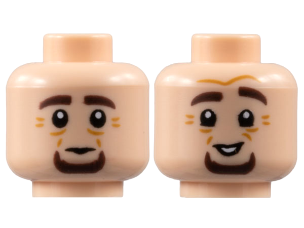 Minifigure, Head Dual Sided Dark Brown Eyebrows and Goatee, Medium Nougat Wrinkles, Neutral / Smile Pattern