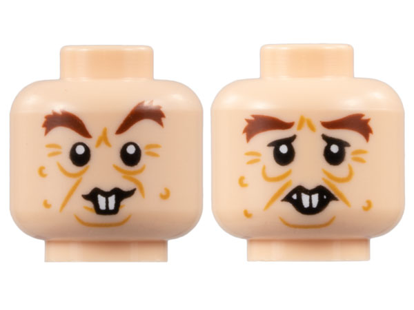 Minifigure, Head Dual Sided Reddish Brown Bushy Eyebrows, Medium Nougat Wrinkles and Wrinkles, Buck Teeth, Lopsided Grin / Worried Pattern