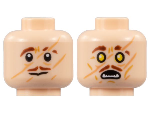 Minifigure, Head Dual Sided Reddish Brown Eyebrows and Moustache, Slash Scars, Neutral / Yellow Eyes and White Fangs Pattern