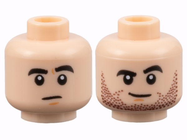 Minifigure, Head Dual Sided Black Thick Eyebrows, Neutral / Lopsided Grin with Dark Brown Stubble Pattern