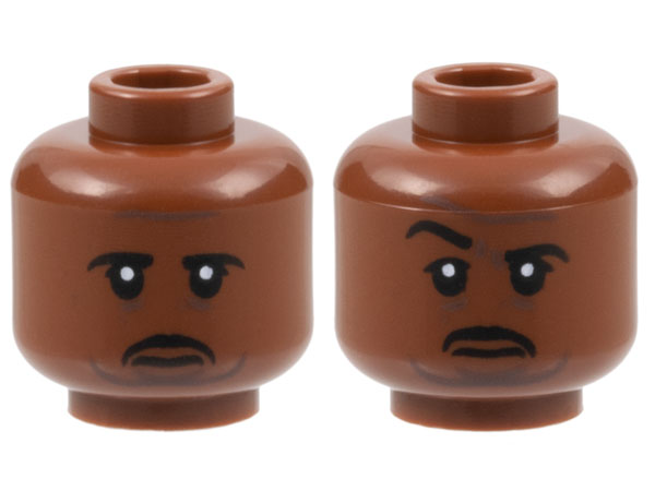 Minifigure, Head Dual Sided Black Eyebrows and Moustache, Dark Brown Contour Lines, Sad / Raised Eyebrow Right Pattern