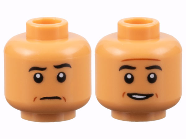 Minifigure, Head Dual Sided Black Eyebrows, Reddish Brown Contour Lines, Raised Eyebrow Left / Slight Open Mouth Grin with Teeth Pattern
