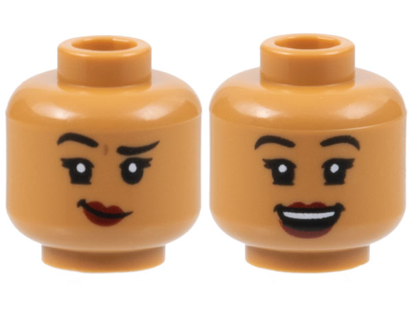 Minifigure, Head Dual Sided Female, Black Eyebrows, Dark Red Lips, Lopsided Grin with Raised Eyebrow Right / Open Mouth Smile Pattern