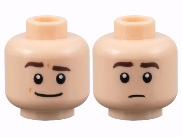 Minifigure, Head Dual Sided Dark Brown Eyebrows, Wide Grin with Raised Eyebrow Right / Neutral Pattern