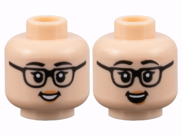 Minifigure, Head Dual Sided Female, Black Eyebrows and Glasses, Peach Lips, Grin with Teeth / Open Mouth Smile Pattern