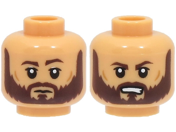 Minifigure, Head Dual Sided Dark Brown Eyebrows and Full Beard, Nougat Cheek Lines, Neutral / Angry with Open Mouth with Teeth Pattern