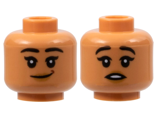 Minifigure, Head Dual Sided Female, Black Eyebrows, Medium Nougat Lips, Lopsided Grin / Surprised with Open Mouth Pattern