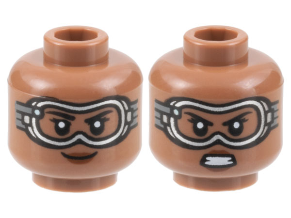 Minifigure, Head Dual Sided Female, Black Eyebrows, Silver Goggles, Reddish Brown Lips, Grin / Gritted Teeth Pattern