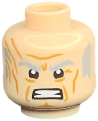 Minifigure, Head Light Bluish Gray Eyebrows and Sideburns, Scars, Medium Nougat Cheek Lines and Forehead Lines, Angry Pattern