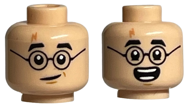 Minifigure, Head Dual Sided Black Eyebrows and Glasses, Medium Nougat Lightning Scar, Lopsided Grin / Open Mouth Smile with Teeth Parted Pattern