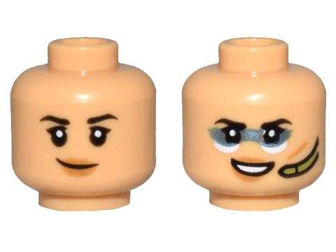 Minifigure, Head Dual Sided Female Black Eyebrows, Medium Nougat Lips, and Smile / Metallic Light Blue Face Paint and Olive Green Headset Pattern