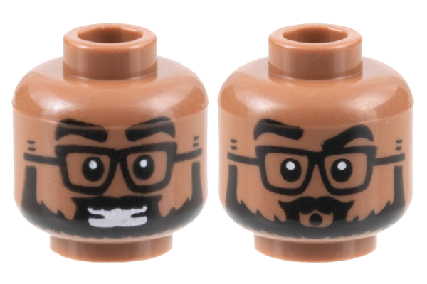 Minifigure, Head Dual Sided Black Eyebrows, Glasses, and Full Beard, Smile with Teeth / Pucker Pattern