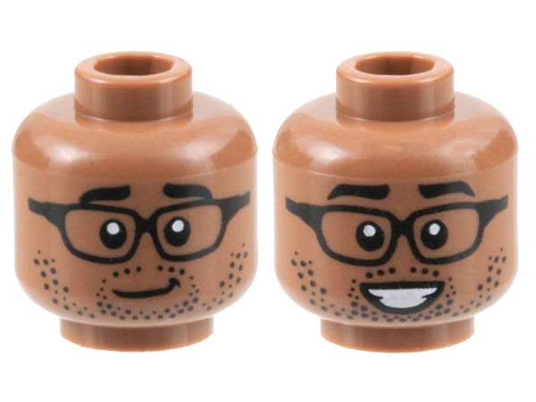 Minifigure, Head Dual Sided Black Eyebrows, Glasses, Stubble, Lopsided Grin / Smile with Teeth Pattern