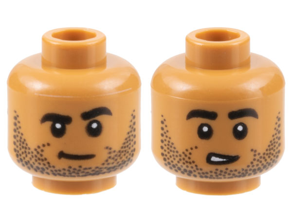 Minifigure, Head Dual Sided Black Eyebrows and Stubble, Neutral / Lopsided Open Mouth Pattern