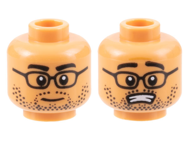 Minifigure, Head Dual Sided Black Eyebrows, Glasses, and Stubble, Neutral / Scared with Open Mouth Pattern