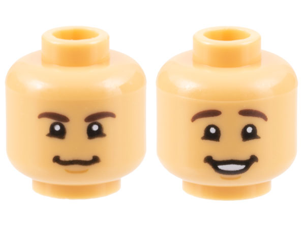 Minifigure, Head Dual Sided Dark Brown Eyebrows, Chin Dimple, Grin / Smile with Teeth Pattern