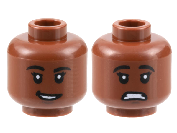 Minifigure, Head Dual Sided Female, Black Eyebrows, Dark Brown Chin Dimple, Open Mouth, Lopsided Smile / Scared Pattern