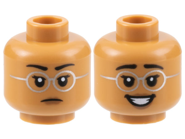 Minifigure, Head Dual Sided Female Black Eyebrows, Silver Round Glasses, Neutral / Smile with Teeth Pattern