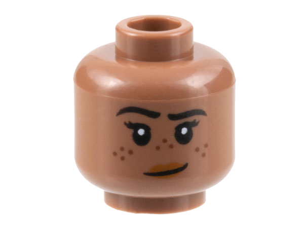 Minifigure, Head Female Black Eyebrows, Reddish Brown Freckles, Dark Orange Lips, Lopsided Smile Pattern