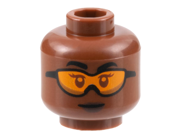 Minifigure, Head Female Black Eyebrows, Orange Goggles, Dark Brown Lips Pattern