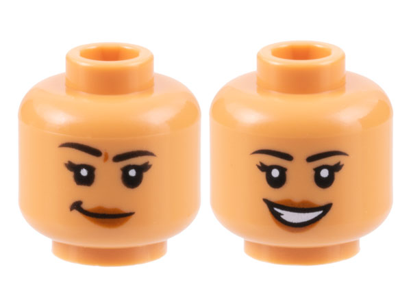 Minifigure, Head Dual Sided Female Black Eyebrows, Eyelashes, Dark Orange Lips, Lopsided Grin with Dimple / Open Mouth Smile with Teeth Pattern