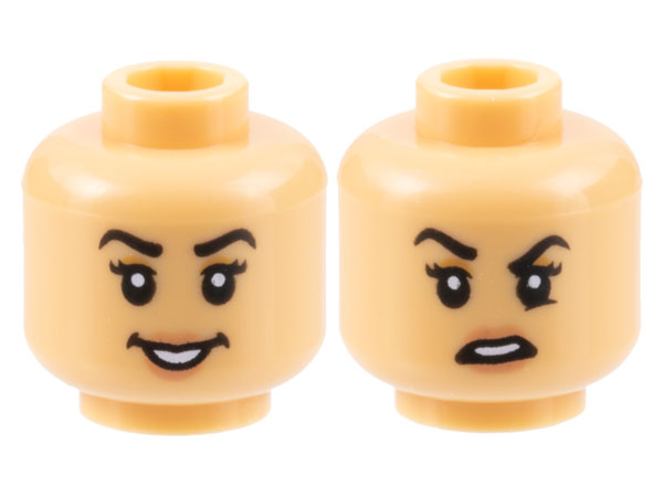Minifigure, Head Dual Sided Female Black Eyebrows, Nougat Eye Shadow and Lips, Open Smile / Disgust with Raised Eyebrow Right Pattern