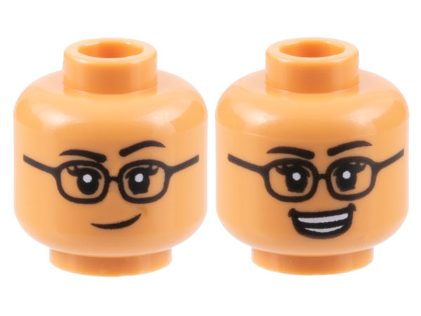 Minifigure, Head Dual Sided Female Black Eyebrows and Glasses, Lopsided Grin / Open Mouth Smile Pattern