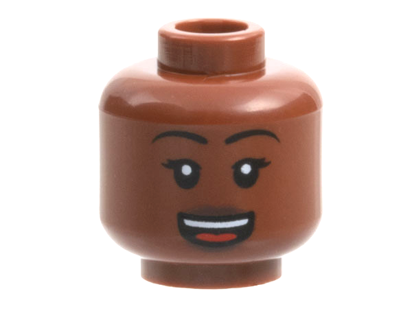 Minifigure, Head Female Black Eyebrows, Dark Brown Lips, Open Mouth Smile with Teeth and Tongue Pattern