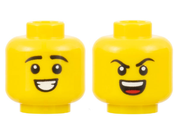 Minifigure, Head Dual Sided Black Eyebrows, Smile with Teeth / Angry with Teeth and Tongue Pattern