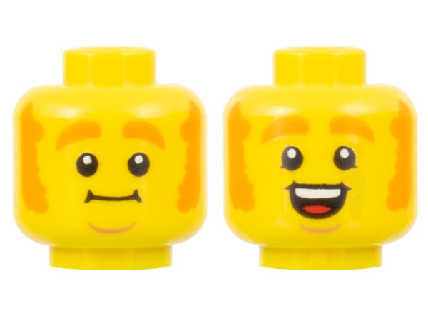 Minifigure, Head Dual Sided Orange Thick Eyebrows and Mutton Chops, Medium Nougat Chin Dimple, Neutral / Open Mouth Smile with Top Teeth and Red Tongue Pattern