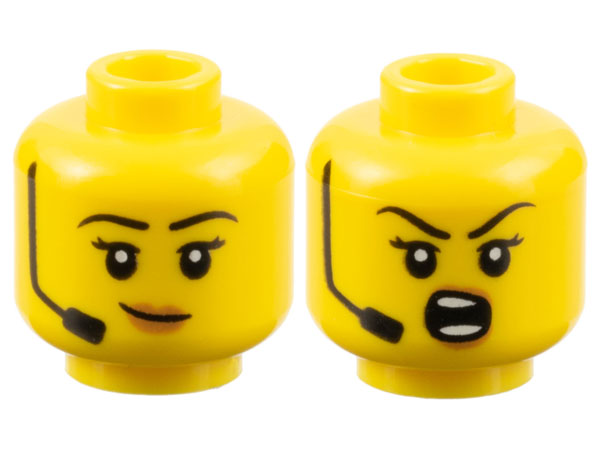 Minifigure, Head Dual Sided Female Black Eyebrows and Headset, Medium Nougat Lips, Lopsided Grin / Shouting Pattern