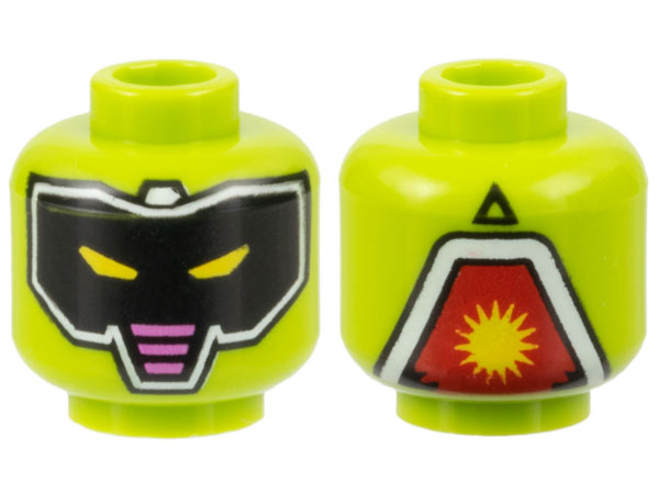 Minifigure, Head Alien Robot with Black Mask with White Outline, Yellow Slit Eyes, Dark Pink Stripes Pattern
