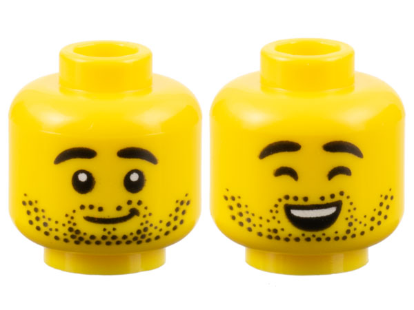 Minifigure, Head Dual Sided Black Eyebrows and Stubble, Grin / Closed Eyes, Open Mouth Smile with Top Teeth Pattern