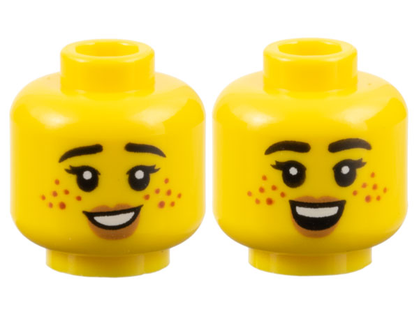 Minifigure, Head Dual Sided Female Black Eyebrows, Eyelashes, Dark Orange Freckles, Medium Nougat Lips, Open Mouth Smile with Teeth / Top Teeth Pattern